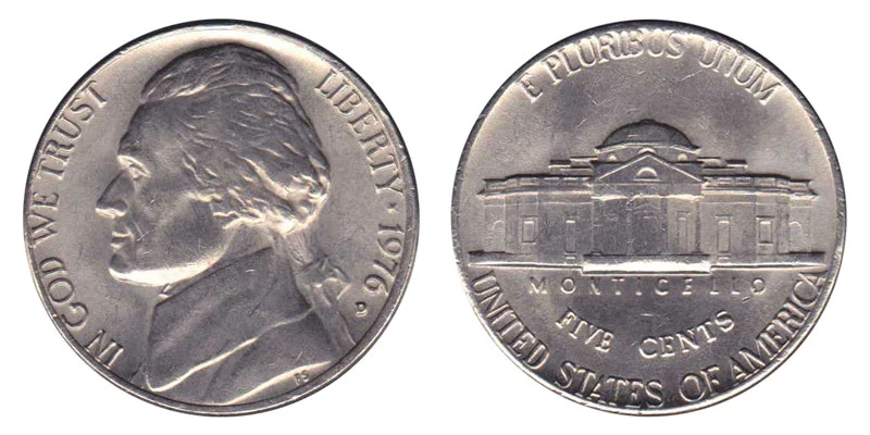 1976 Jefferson nickel obverse and reverse showing Philadelphia and Denver mint examples