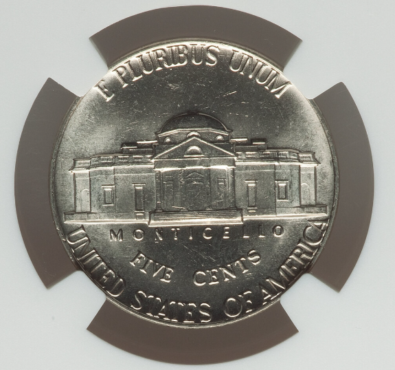 1976 Jefferson nickel Full Steps designation showing five complete horizontal step lines at Monticello base under magnification