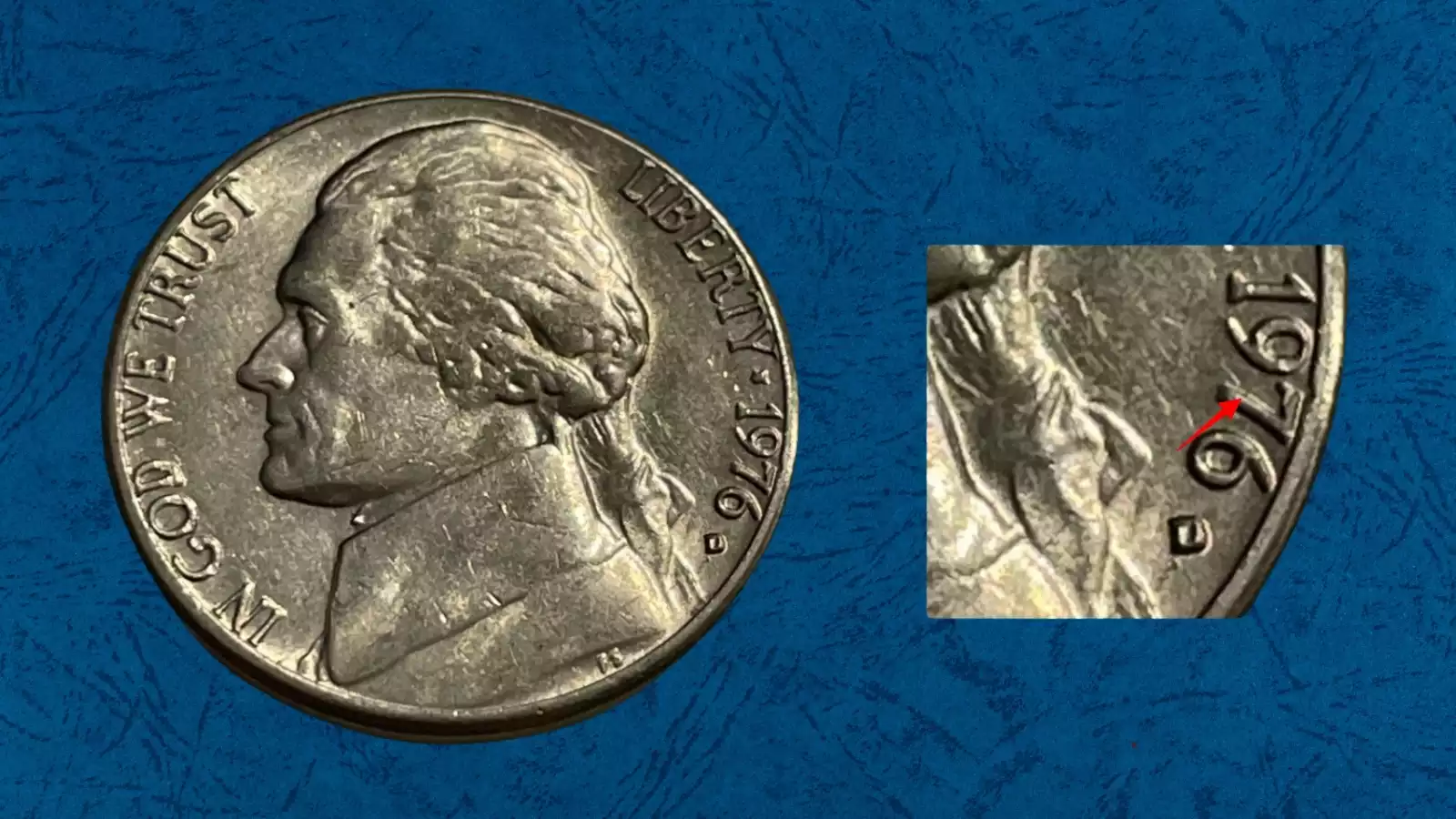 1976 Jefferson nickel Doubled Die Obverse error showing doubling on LIBERTY inscription and date digits under magnification