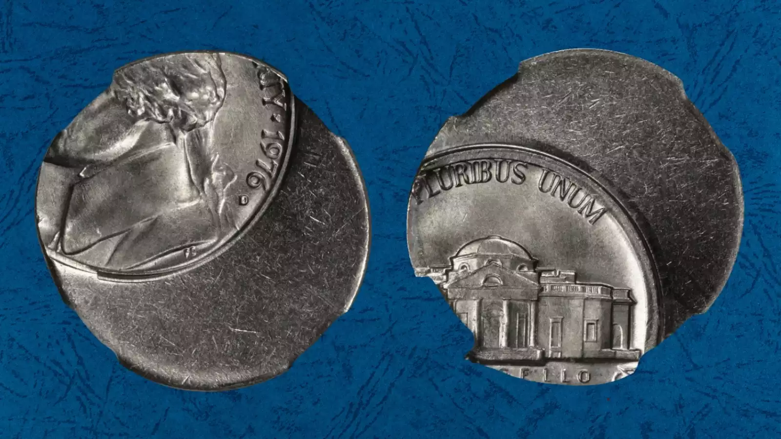 1976 Jefferson nickel off-center strike error showing partial design and crescent-shaped blank area where the die missed the planchet