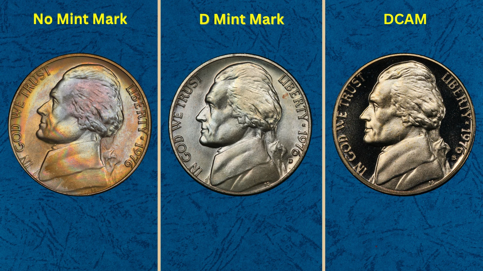 1976 Jefferson nickels from all three mints showing Philadelphia (no mark), Denver D, and San Francisco S proof coins together