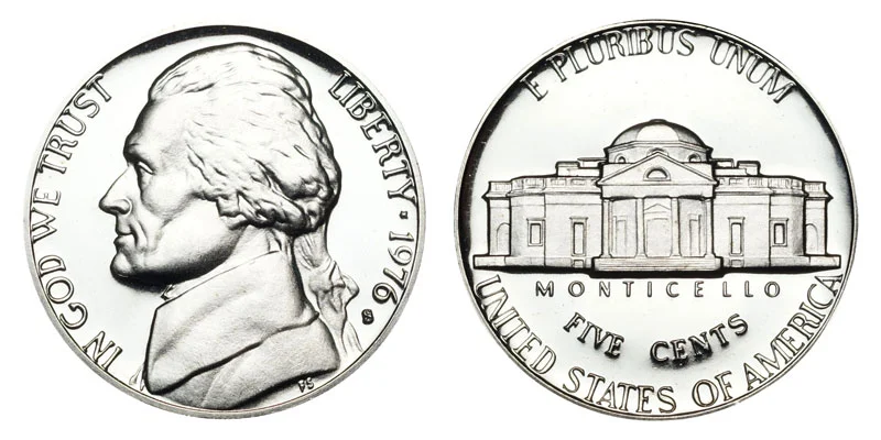 1976 Jefferson nickel grading strip showing four condition tiers from worn to gem uncirculated side by side for comparison